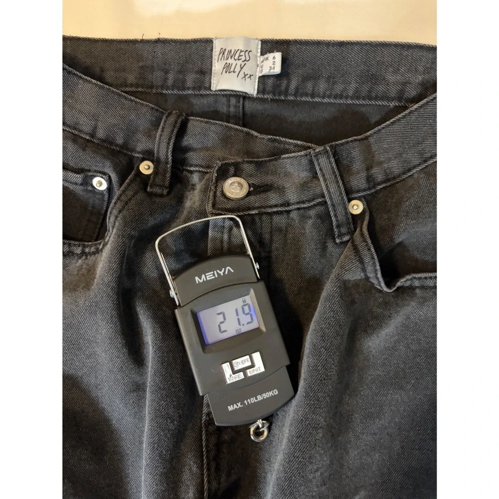 Princess Polly Crossover Waist Straight Leg Jeans Washed Black Raw Hem US 2